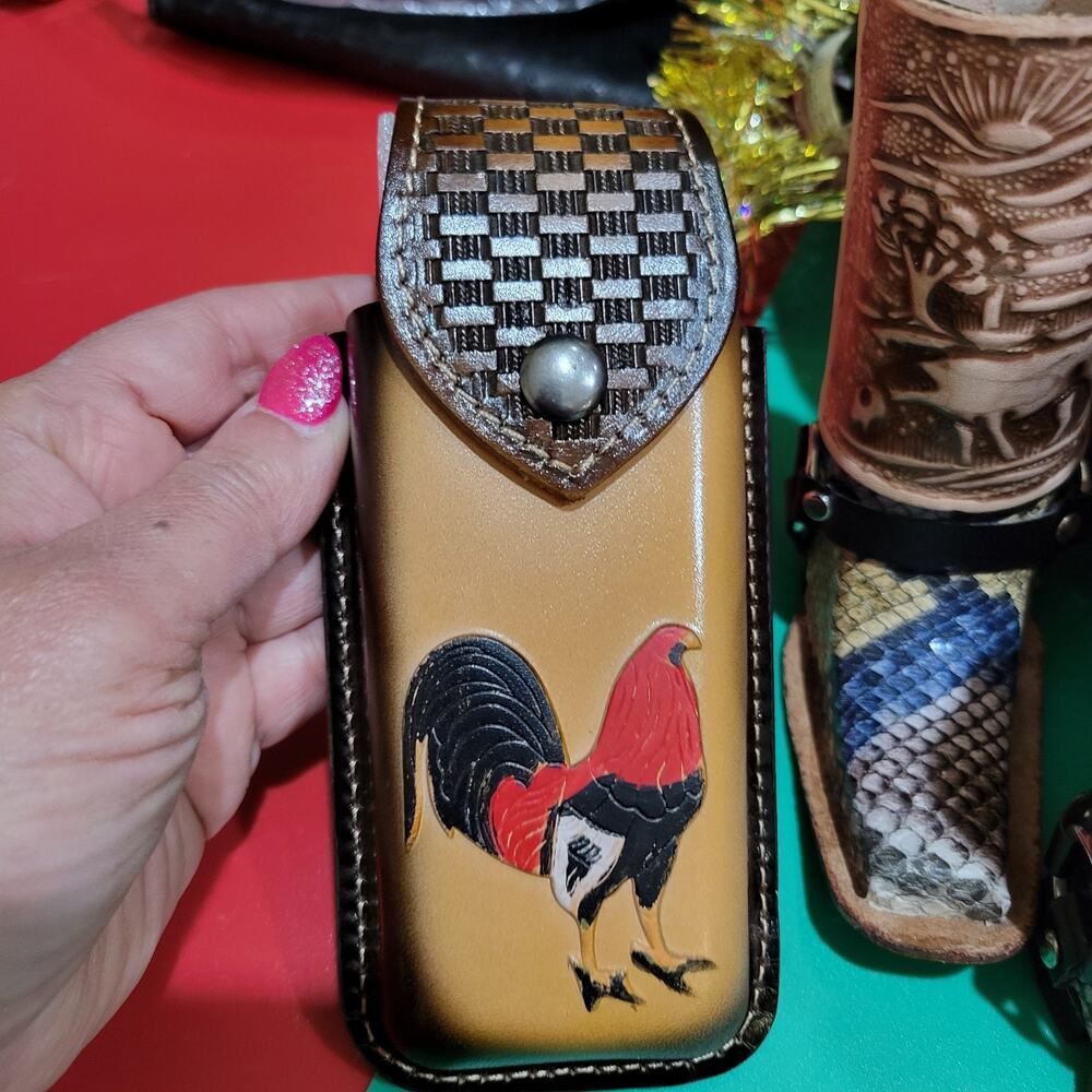 ROOSTER GENUINE LEATHER POCKET KNIFE SHEATH 5.75 " FOLDING BELT LOOP